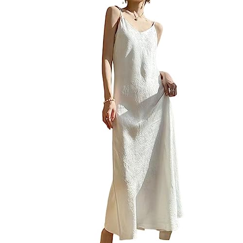 ERICAT Sommerkleid aus Acetat-Satin, Elegantes Temperament, Sieht schlank aus, hohes, langes Seiden-Unterhemd-Kleid, Damen-Kleid aus Satin mit Flut (Color : Beige, Size : S) von ERICAT