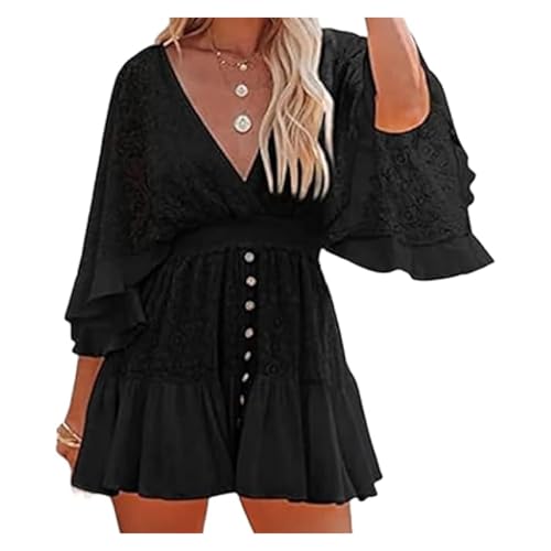 ERICAT Womens Lace Crochet Romper Dress, Women's Sleeve Backless Romper Dress, V Neck Backless Skirt(Black,M) von ERICAT