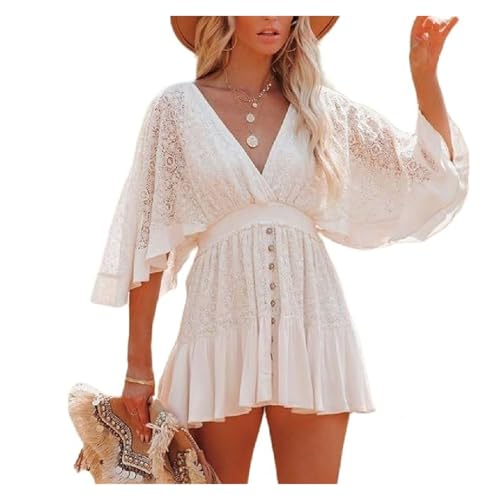 ERICAT Womens Lace Crochet Romper Dress, Women's Sleeve Backless Romper Dress, V Neck Backless Skirt(White,S) von ERICAT