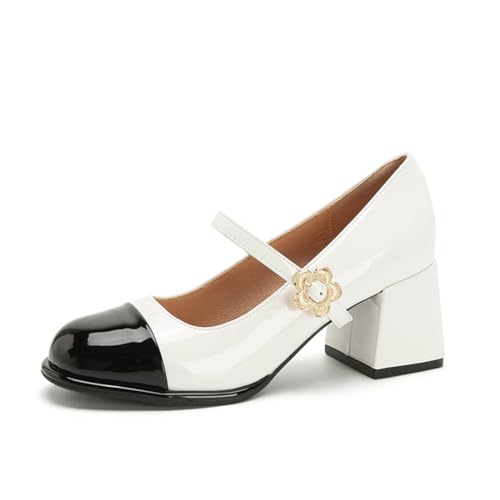 Frauen Mode Mary Jane Schuhe Runde Kopf Klotzige Hohe Absätze Lackleder Mittlere Ferse Pumpen Schuhe Leichtgewicht Bequem Kleine Lederschuhe von ERICAT