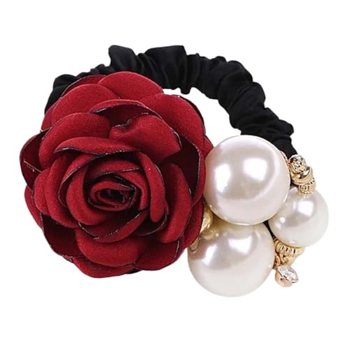 Haarschmuck, Damen-Stil, große Rose, Blume, Perle, Strass, Haarseil, elastisches Haarseil, Mädchen (Color : Red) von ERICAT