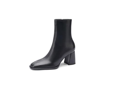 Hochhackige Stiefel Damen Einfacher Quadratischer Kopf Hochhackige Stiefel Herbst und Winter Seitenreißverschluss Mode Mittlere Wadenstiefel Temperament Dünne Lederstiefel von ERICAT