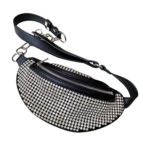 Strass echtes Leder weibliche Umhängetasche Brusttasche Handtasche Flut Kette Mini Gürteltasche Kristall Mädchen Brusttasche Geldbörsen (Color : Black, Size : 22x11x8cm) von ERICAT