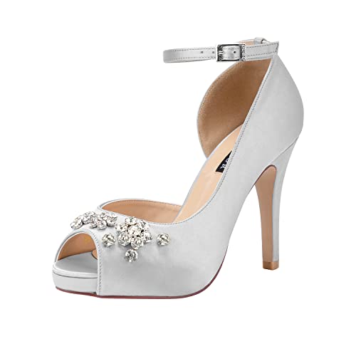 ERIJUNOR Damen Peep Toe Plateau High Heel Strass Satin Abend Abschlussball Hochzeit Schuhe, silber, 39.5 EU von ERIJUNOR