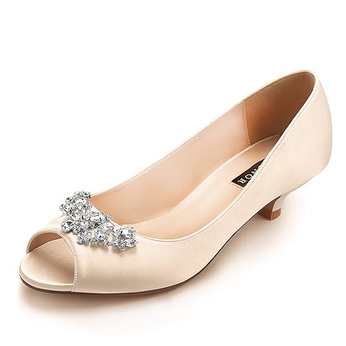 ERIJUNOR Frauen Komfort Low Kitten Heels Strass Peep Toe Hochzeit Abend Party Schuhe Kleid Pumps, Champagner, 43 EU von ERIJUNOR