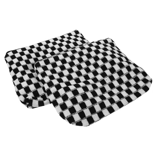 ERINGOGO 2 Stück Karierte Kosmetiktasche Große Kapazität Gestrickt Reise-kulturbeutel mit Praktischem Haken Schwarzes Schachbrettmuster Make-up Organizer für Frauen Mädchen von ERINGOGO