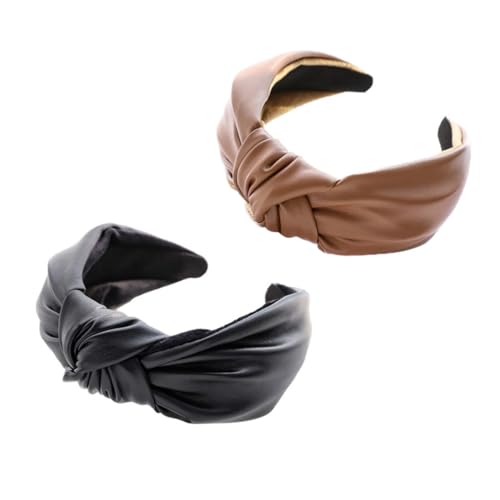 ERINGOGO 2 Stück PU Leder Haarbänder Damen Sport Stirnband mit Knoten Hautfreundlich Langlebig Vielseitig für Yoga Make Up und Alltag Schwarz und Braun Modisch und Praktisch von ERINGOGO