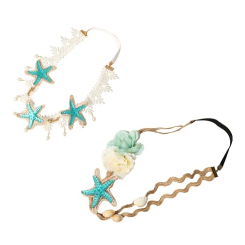 ERINGOGO 2 Stück Teiliges Damen Haarband mit Muschel und Spitzen Design Elastisch Beach Style Stirnband mit Blüten und Perlen Modisch für Sommer Party und Freizeit von ERINGOGO