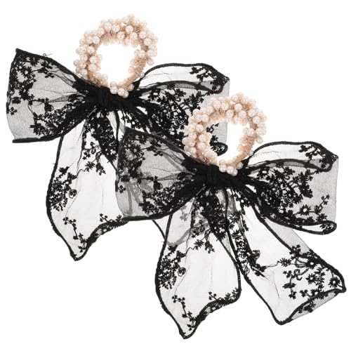 ERINGOGO 2 Stück Teiliges Perlen Haarband mit Eleganter Spitzen Schleife Elastische Haargummis für Damen Geeignet für Alltag Party und Festlichkeiten Schwarz Vielseitiger Ponytail Halter von ERINGOGO