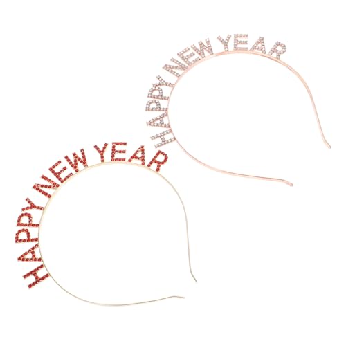 ERINGOGO 2 Stücke Teiliges Strass Buchstaben Haarband Happy Year in Rot und Roségold Leichter Haarschmuck für Weihnachten Silvester Cosplay und Festliche Anlässe Modisches Stirnband für von ERINGOGO