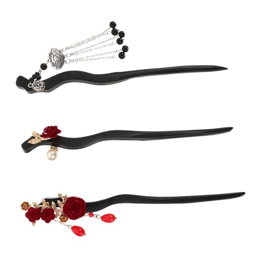 ERINGOGO 3 Stück Chinesische Haarstäbchen Baumelnde Haarnadeln Mit Rosenblüte Und Quaste Vintage Haarnadeln Aus Holz Duttmacher Gabeln Für Hanfu Asiatische Kopfbedeckungen Damen Und von ERINGOGO