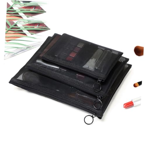 ERINGOGO 3 Stück Kosmetiktasche Teiliges Mesh Schwarz Leichte Reise Kosmetikbeutel mit Großem Fassungsvermögen Tragbare Make Up Organizer für Damen und Outdoor Handtasche von ERINGOGO