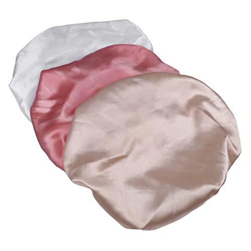 ERINGOGO 3 Stück Satin Schlafhauben mit Breiter Krempe Elastisch und Atmungsaktiv Haarschutz für Damen Geeignet für Schlaf Zuhause und Reisen Farben Champagner Weiß Rosa von ERINGOGO