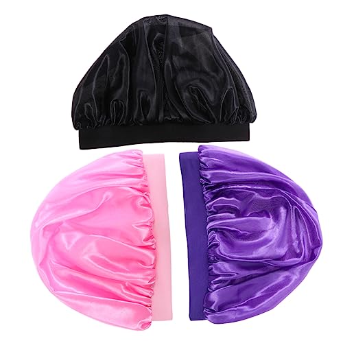 ERINGOGO 3 Stück Teiliges Schlafhauben Elastisch mit Weitem Rand Atmungsaktive Haarhauben für Zuhause und Reisen Schützende Duschhaube für Mädchen Schwarz Rosa von ERINGOGO