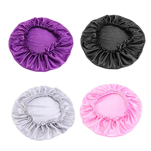 ERINGOGO 4Stücke Teiliges Seidene Schlafhaube für Damen Bequeme Nachtmütze mit Blumenbordüre Schwarz und Silber für Haarschutz im Schlaf Friseursalon von ERINGOGO