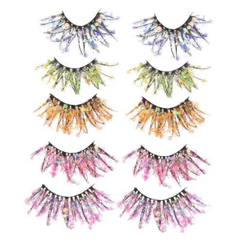 ERINGOGO 5 Paare Fluoreszierende Falsche Wimpern mit Glitzer Pailletten Farbige Nachtlicht Wimpern für Halloween Cosplay Party Makeup Hautfreundlich und Wiederverwendbar von ERINGOGO