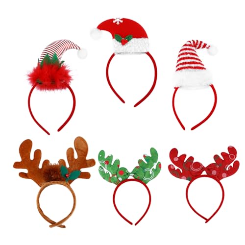 ERINGOGO 6 Stück Teiliges Weihnachts Party Haarband mit Rentiergeweih Weihnachtsmütze und Schleifen Leichte Bequeme Kopfbedeckung für Erwachsene und Festliche Weihnachten Dekoration von ERINGOGO