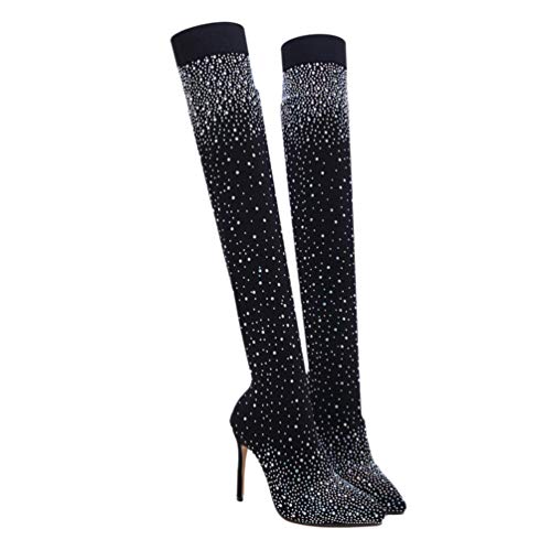 ERINGOGO Damen-Stretch-Strass-Stiefel Glitzernde Overknee-Stiefel Strass-Stretch-Socken-Stiefel All Over Diamond Pointy Toe Oberschenkel Hohe -Absatz-Booties (Eu39/Us11/Uk5. ​​5) von ERINGOGO