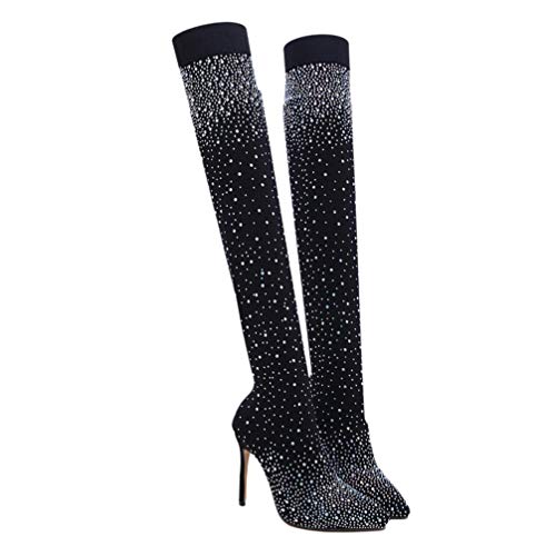 ERINGOGO Damen-Stretch-Strass-Stiefel Glitzernde Overknee-Stiefel Strass-Stretch-Socken-Stiefel All Over Diamond Pointy Toe Oberschenkel Hohe -Absatz-Booties (Eu40/Us12/Uk6) von ERINGOGO