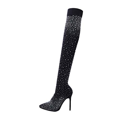 ERINGOGO Damen Overknee Stiefel Mit Hohen Absätzen Und Strasssteinen Modische Elastische Lange Stiefel Schwarz Us Für Jeden Anlass von ERINGOGO