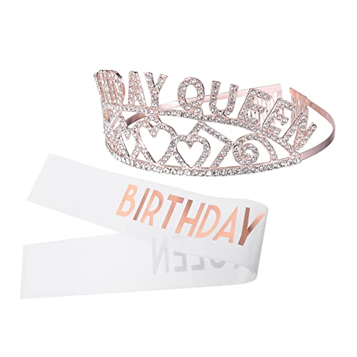 ERINGOGO Geburtstagskrone und Schärpe Set für Mädchen Verstellbares Tiara Haarreif mit Kamm Roségoldener Party Schärpe Foto Requisiten für Geburtstagsfeier und Fotografie von ERINGOGO