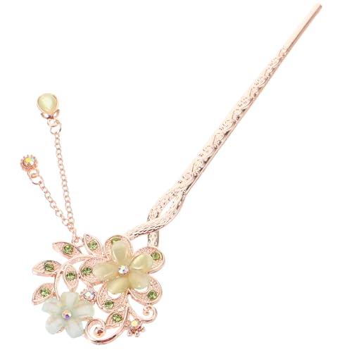 ERINGOGO Grüner Haarschmuck Damen Klassischer Blumen Haarstab mit Katzenaugenstein und Quasten Anhänger Eleganter Haarschmuck für Lange Haare Chignon Styling Hanfu Festival Zubehör von ERINGOGO