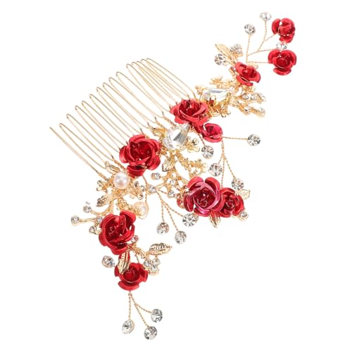 ERINGOGO Roter Haarkamm mit Blume und Strass Eleganter Brautschmuck für Frauen Sicherer Sitz Fein Gearbeitet für Hochzeit Party und Festliche Anlässe von ERINGOGO