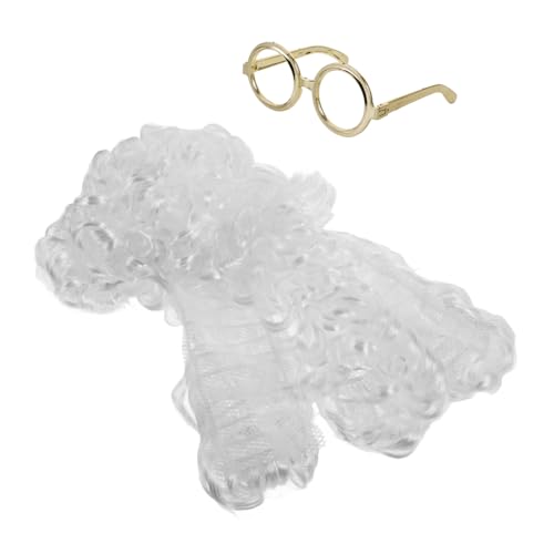 ERINGOGO Wellenförmige Perücke Für Anwälte Richter Weiße Lockige Kostümperücke Mit Elastischem Band Für Halloween Und Cosplay-partys Inklusive Goldener Brille von ERINGOGO