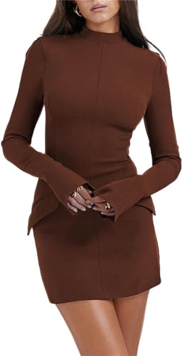 Afloura Cargo Mini Dress for Women, Black Mini Dress Long Sleeve, Fashion High Neck Wrap Dress for Women (S, Brown) von ERISAMO