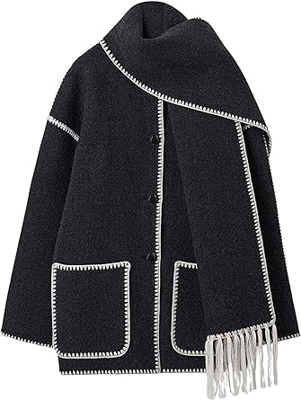 ERISAMO Women's Oversized Embroidered Scarf Jacket Crewneck Wool Coat Long Sleeve Tassel Scarf Coats, Winter Outerwear. (S, Black White) von ERISAMO