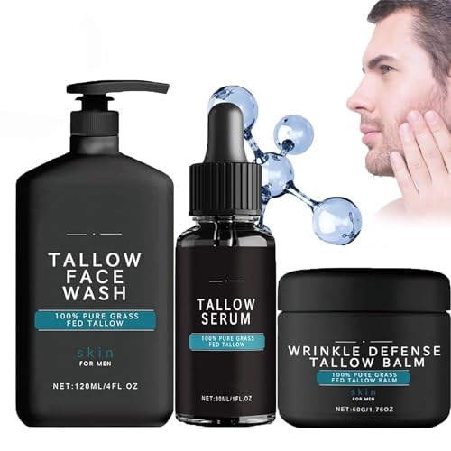 Wrinkle Defense Tallow Balm, 3 in 1 Mens Skincare Kit - Face Cream + Serum + Face Wash, Facial Skin Care Kit for Men, Reduce Fine Lines, Anti Wrinkles & Anti Aging (1 Set) von ERISAMO