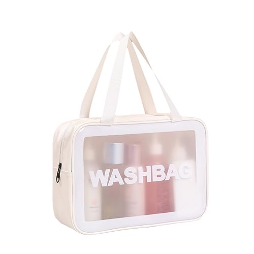 ERJUR Kulturbeutel für Frauen Männer Pvc+Pu Kosmetiktasche Matte durchscheinende Duschtasche mit praktischem Griff, Weiss/opulenter Garten, L, modisch von ERJUR