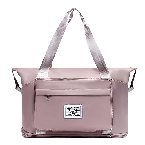 ERJUR Reise-Duffel Bag Große Faltbare Turnbeutel Leichte Weekender Übernachtung Tasche Carry on Erweiterbare Taschen für Flugzeug, Grau-Rosa, Reisetasche mit Trolleyhülle von ERJUR