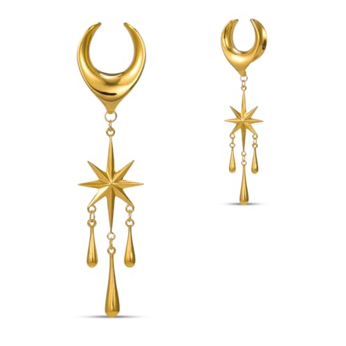 ERKUOO 2 Stück Ohr-Plugs mit Sternanhänger – Sattel-Ohrtunnel Flesh-Tunnel Dehnungs-Piercing-Schmuck für Frauen – Körperschmuck, Größe: 00g (10 mm) von ERKUOO