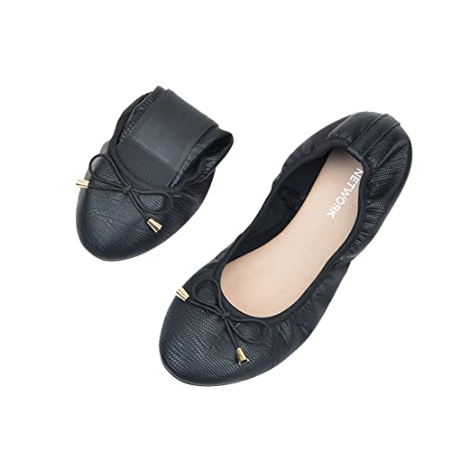 ERLINGO Damen-Ballettschuhe, faltbar, mit Schleife, zum Aufrollen, für Damen, rutschfest, zusammenklappbar, für Hochzeiten und Partys, Schwarz , 36.5 EU von ERLINGO