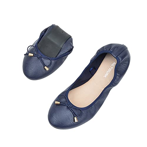 ERLINGO Damen-Ballettschuhe, faltbar, mit Schleife, zum Aufrollen, für Damen, rutschfest, zusammenklappbar, für Hochzeiten und Partys, navy, 36.5 EU von ERLINGO