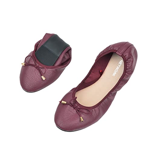 ERLINGO Damen-Ballettschuhe, faltbar, mit Schleife, zum Aufrollen, für Damen, rutschfest, zusammenklappbar, für Hochzeiten und Partys, weinrot, 39 EU von ERLINGO