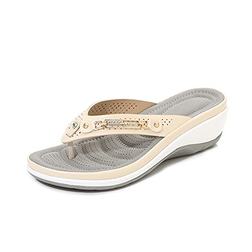 ERLINGO Damen-Flip-Flops, Damen-Sandalen mit Keilabsatz, niedriger Absatz, Zehentrenner mit T-Steg-Schlaufe, leger, Strand, Pool, Schuhe, rutschfeste Hausschuhe, Beige - beige - Größe: 38 EU von ERLINGO