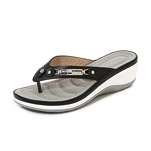 ERLINGO Damen-Flip-Flops, Damen-Sandalen mit Keilabsatz, niedriger Absatz, Zehentrenner mit T-Steg-Schlaufe, leger, Strand, Pool, Schuhe, rutschfeste Hausschuhe, Schwarz - Schwarz - Größe: 40 EU von ERLINGO