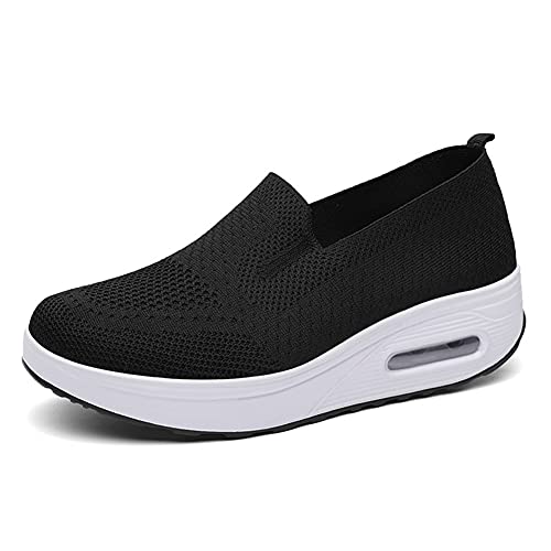 ERLINGO Damen Slip-On Wanderschuhe, Luftkissen Keilschuhe Mesh Atmungsaktive Sneakers Leichte Tennis Sneaker Athletic Road Running Sneaker, Schwarz - Schwarz - Größe: 36 EU von ERLINGO