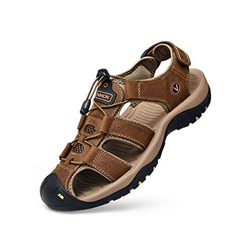 ERLINGO Herren Sport Outdoor Sandalen, Wandersandalen Knöchelriemchensandalen Strand Leder Geschlossene Zehen Walking Sandalen für Trekking, Outdoor-Sport, Gartenarbeit, Angeln, Braun - braun - von ERLINGO