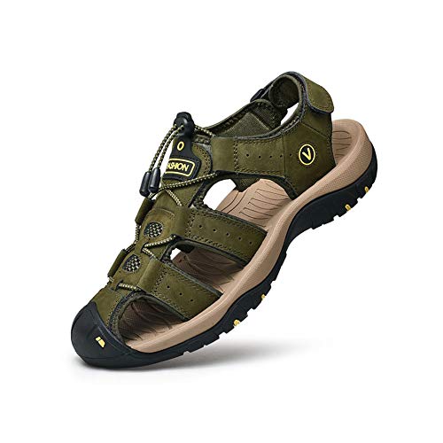 ERLINGO Herren Sport Outdoor Sandalen, Wandersandalen Knöchelriemchensandalen Strand Leder Geschlossene Zehen Walking Sandalen für Trekking, OutdoorSport, Gartenarbeit, Angeln, armeegrün Größe: von ERLINGO