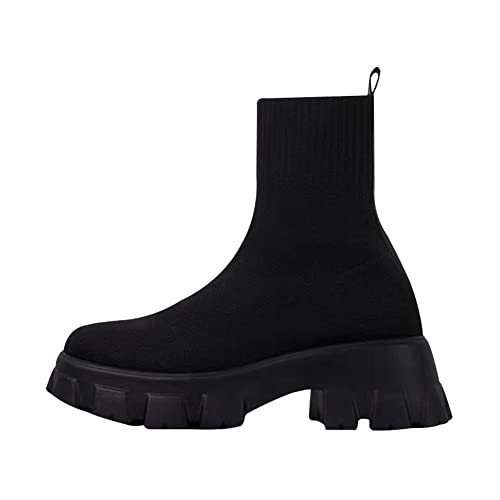 ERLINGO Socken-Stiefeletten für Damen, runde Zehenpartie, dicke Sohle, hohe Manschette, elastisches Design, Biker-Stiefel, lässige Plateau-Strickstiefel, Damen-Sneaker, Schwarz , 38 EU von ERLINGO