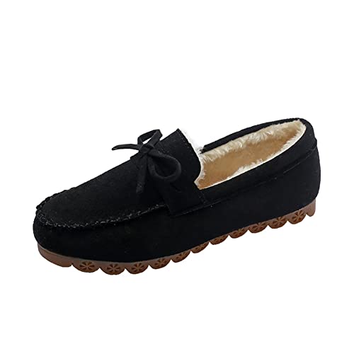 ERLINGO Wildleder Mokassin Hausschuhe Damen, Warm Bequem Low-Top Plüsch Hausschuhe Slip-on Super Weich Winter Indoor Outdoor Flache Schuhe Gemütlich Bow-Knot Loafers Slippers, Schwarz , 37 EU von ERLINGO