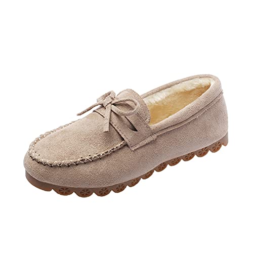 ERLINGO Wildleder Mokassin Hausschuhe Damen, Warm Bequem Low-Top Plüsch Hausschuhe Slip-on Super Weich Winter Indoor Outdoor Flache Schuhe Gemütlich Bow-Knot Loafers Slippers, khaki, 39 EU von ERLINGO
