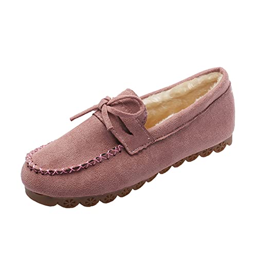 ERLINGO Wildleder Mokassin Hausschuhe Damen, Warm Bequem Low-Top Plüsch Hausschuhe Slip-on Super Weich Winter Indoor Outdoor Flache Schuhe Gemütlich Bow-Knot Loafers Slippers, rose, 40.5 EU von ERLINGO