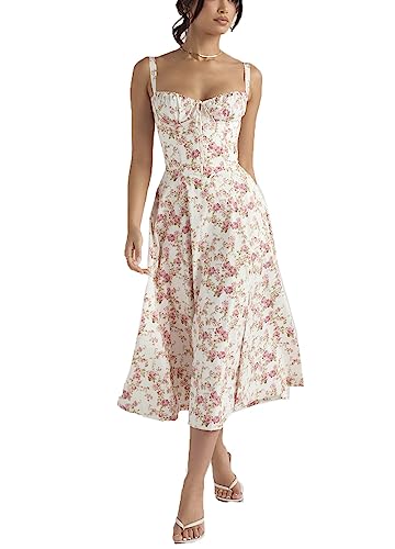 Damen-Midikleid mit Blumenmuster, Korsett, Sommer, Boho, ärmellos, quadratischer Ausschnitt, fließender Druck, Schlitz, Schnürung, tailliertes Feenkleid ( Color : Apricot red flower , Size : Medium ) von ERMODA