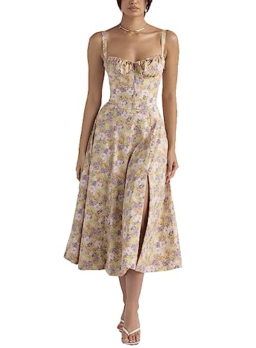 Damen-Midikleid mit Blumenmuster, Korsett, Sommer, Boho, ärmellos, quadratischer Ausschnitt, fließender Druck, Schlitz, Schnürung, tailliertes Feenkleid ( Color : Khaki Blue Flower , Size : Large ) von ERMODA