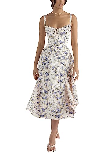 ERMODA Damen-Midikleid mit Blumenmuster, Korsett, Sommer, Boho, ärmellos, quadratischer Ausschnitt, fließender Druck, Schlitz, Schnürung, tailliertes Feenkleid (Color : Blue Flower, Size : Large) von ERMODA