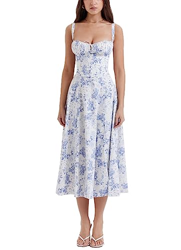 ERMODA Damen-Midikleid mit Blumenmuster, Korsett, Sommer, Boho, ärmellos, quadratischer Ausschnitt, fließender Druck, Schlitz, Schnürung, tailliertes Feenkleid (Color : Blue Leaves, Size : Large) von ERMODA